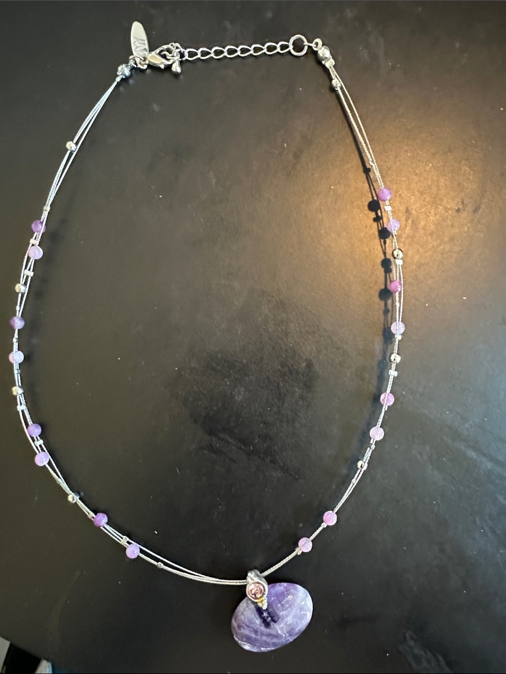 Silver-Tone Purple Bead Necklace with Amethyst-Style Pendant